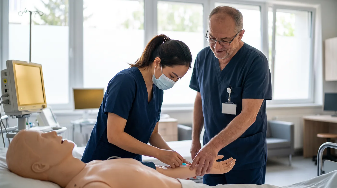 A Vietnamese nurse practising clinical skills with an instructor in a modern simulation lab